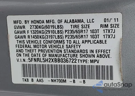 2011 Honda Odyssey Lx из США, поврежденный, VIN 5FNRL5H2XBB036722